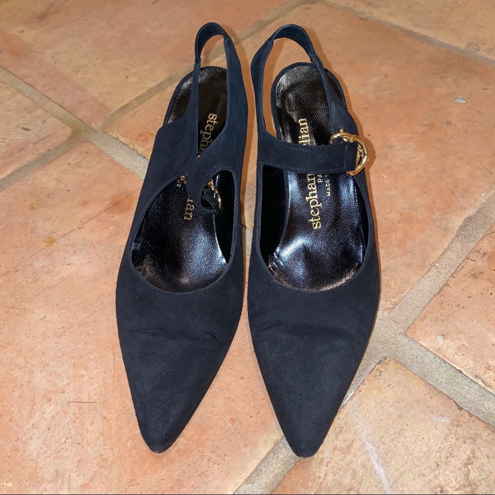 Stephane Kelian Black Suede Pointed Slingback Pumps with Gold Buckle